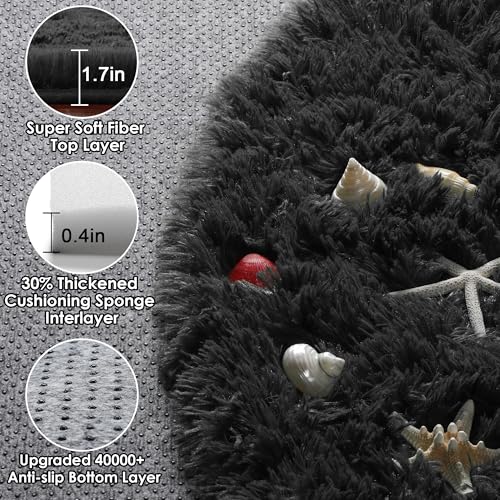 ONASAR Black Round Area Rug 4ft, Soft Bedroom Circle Rugs Floor Mats for Kids Girls Boys Teen Room, Fluffy Plush Shaggy Carpet for Baby Nursery Living Room Playroom Dorm Home Decor