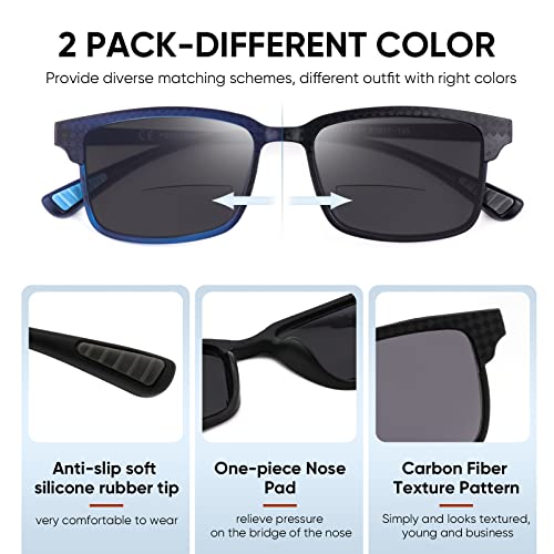 Image of CARA 2 Pack Bifocal Reading Sunglasses for Men, Flexible Super Lightweight TR90 Frame Women Sun Readers, Driving Fishing Outdoor UV400 Protection (Black & Blue, 3.0)