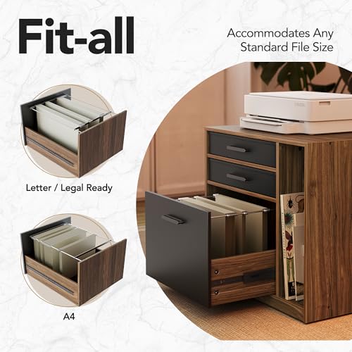 Image of HUANUO LED Electric L Shaped Standing Desk with File Cabinet, Walnut | 63 inchx55 inch 2-Tier L-Desk,3-Drawer File Cabinet,RGB LED App Lighting,Built-in Power Outlets,27.6 inch-46.5 inch Adjustable Height