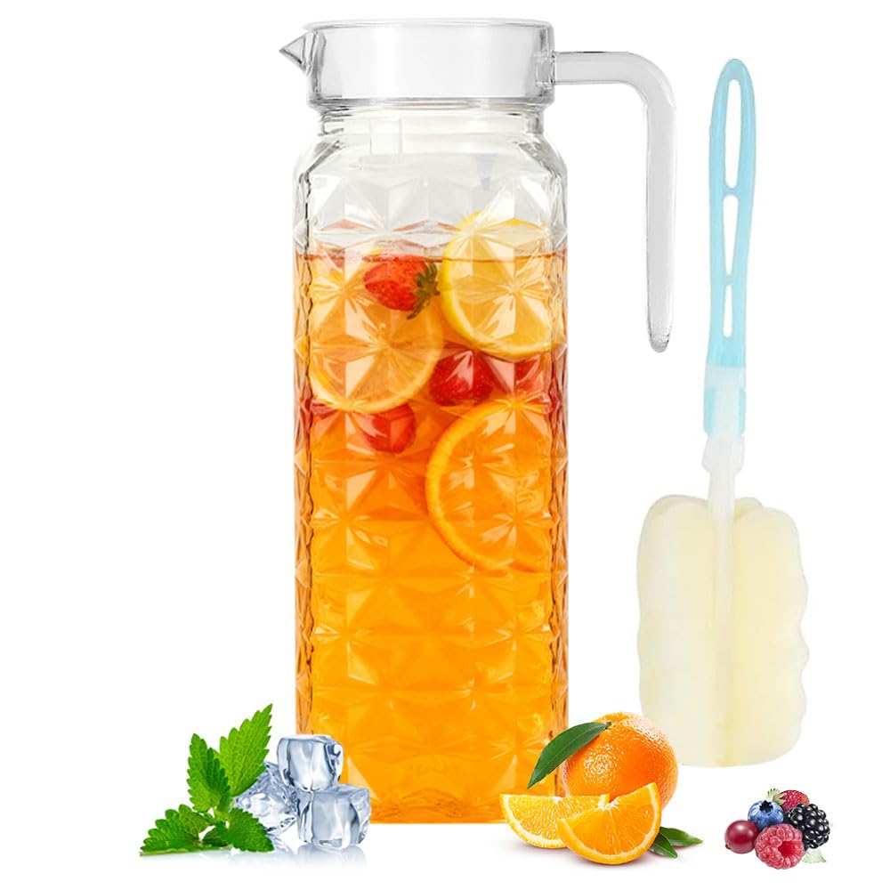 1 confezione da 1,1 l, caraffa per acqua con coperchio e manico, in acrilico trasparente, brocca per frigorifero, caraffa in vetro facile da pulire per latte (1 confezione da 1,1 l)