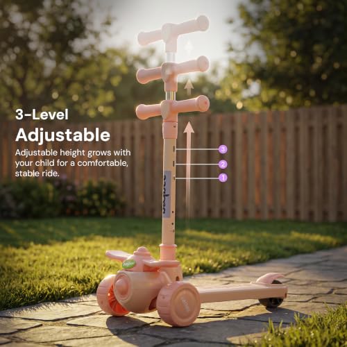 Image of Baybee Skiddo Baby Kick Scooters for Kids with 3 Height Adjustment | Foldable Skating Scooter with Foot Brake | Kids Scooter with RGB Lights & Music | Runner Scooters for Kid 2-10 Years (Beige)