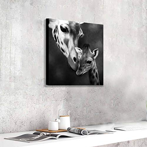 Giraffe Canvas Wall Art Painting: Animal Mama And Baby Kiss Artwork Prints For Decor (24”X24”) #TOP4