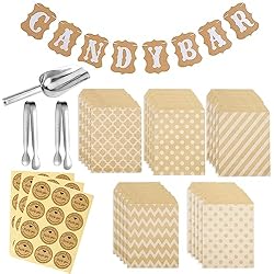 Honatrv Candy Bar Accesorios Set Candy Bar Set Contiene 25 Pieza Bolsas de Papel Kraft, 2 Pinzas de Candy, 3 Pegatinas, 2 Pinzas de Azúcar, 1 Pala Candy Bar y 1 Candy Bar Banner para Fiestas
