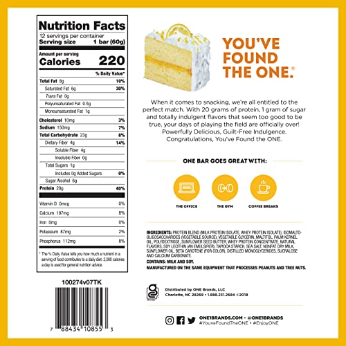 One Protein Bars, Lemon Cake, New And Improved Recipe, Gluten Free Protein Bars With 20G Protein And Only 1G Sugar, Guilt-Free Snacking For High Protein Diets, 2.12 Oz (12 Pack) #TOP5