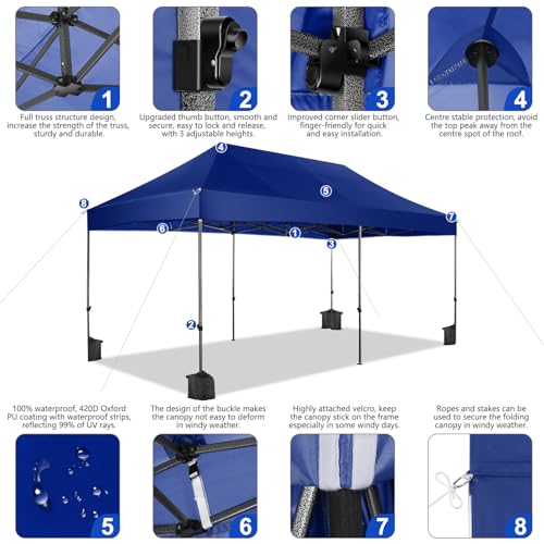 Image of COBIZI 10x20 Heavy Duty Pop Up Canopy Tent with 6 Sidewalls Thicken Frame, Commercial Easy Up Outdoor Wedding Party Tents, All Season Waterproof Windproof with Stakes Sandbags Ropes Roller Bag, Navy