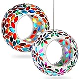 2 Pcs Mosaic Glass Hanging Bird Feeder Round Fly Through Balcony Bird Feeder for Backyard Window Outdoor Garden Deck Porch Decor