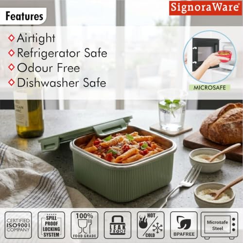 Image of Signoraware Lock N Store Microsafe Steel Square Container+ Lid(800ml,Egreen)