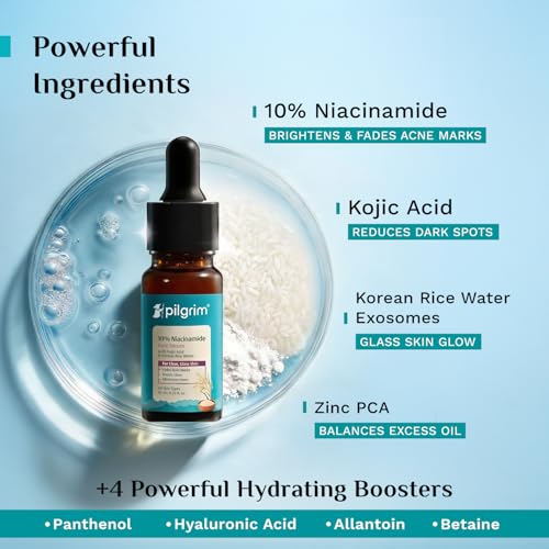 Image of Pilgrim 10% Niacinamide Face Serum for Acne Marks with Korean Rice Water - 10 ml | Fades Dark Spots, Controls Oil, Minimizes Pores, Strengthens Skin Barrier | Quick Absorbing | For All Skin Type