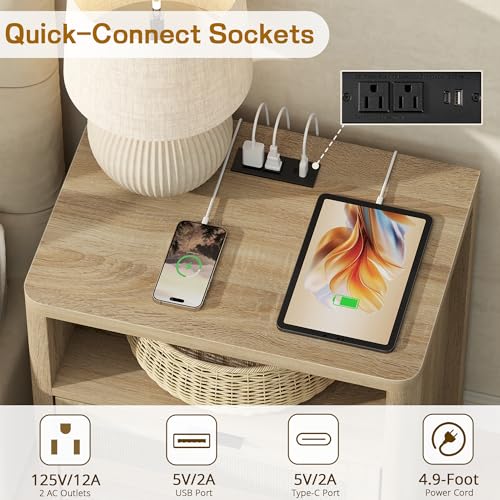 Image of Boho Nightstand Set of 2 with Charging Station, Bedside Table with Drawer & Open Storage Shelf, Mid-Century Modern End Table Rattan, Accent Side Table with Rounded Corners for Bedroom Living Room