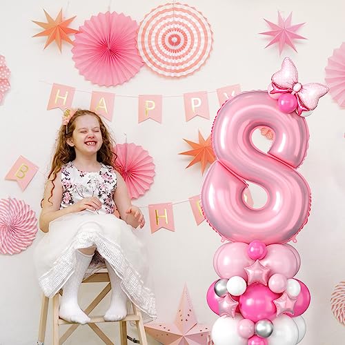 Image of 40 Inch Pink Number 8 Balloon Tower 8th Birthday Decorations for Girls | Large Pastel Baby Hot Pink White Number Eight Foil Balloons Stand Set 8 Years Old Princess Eighth Birthday Party Decorations
