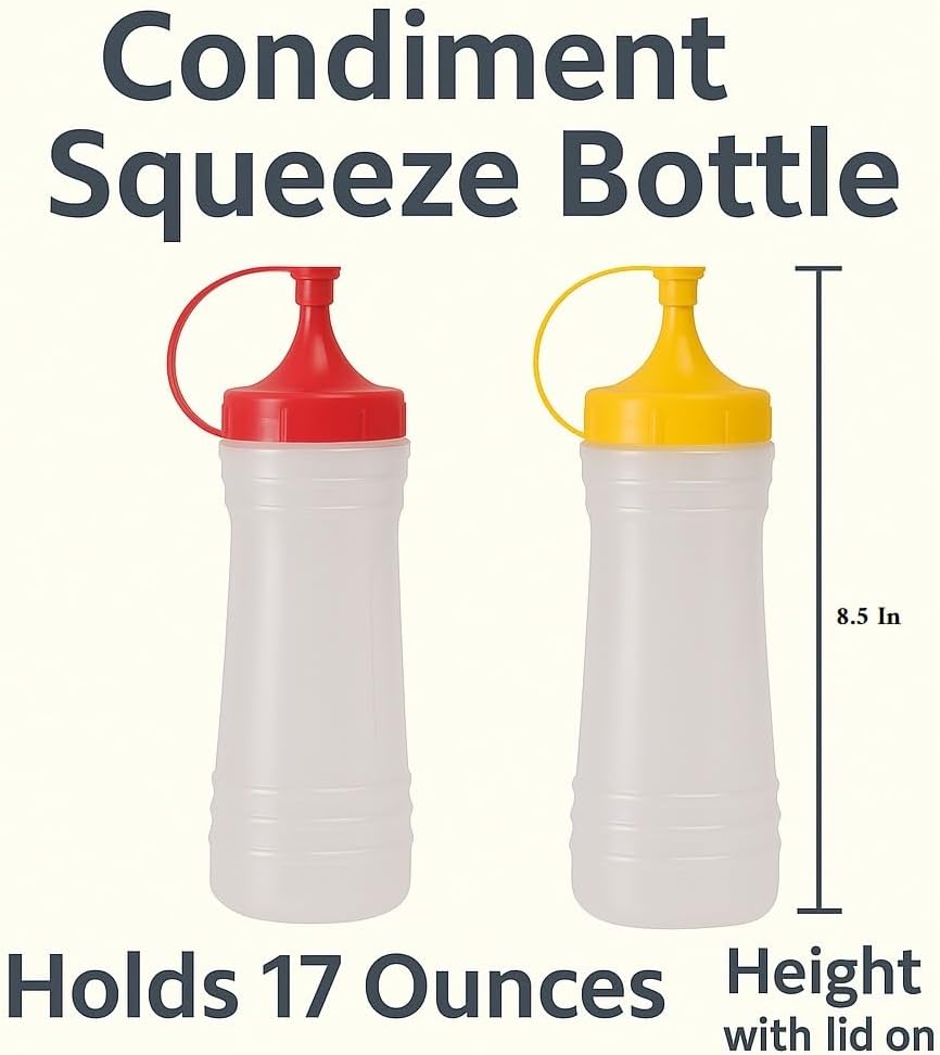 17 oz Squeeze Condiment Bottle Set – 2-Pack Mustard & Ketchup Dispensers by Dependable Industries – Snap Top, BPA-Free, Leak-Proof, Dishwasher Safe – Clear Plastic, Red & Yellow Caps