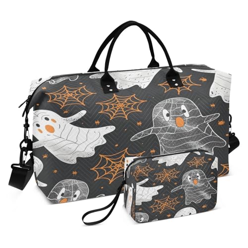 Halloween Travel Gym Bag, Halloween Ghosts Spider Webs Weekender Overnight Duffle for Women with Toiletry Bag Travel Swim