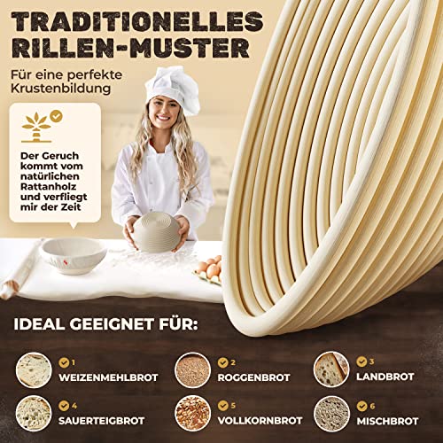 Foto von Funkenflug® Profi Gärkorb zum Brotbacken Ø 25cm [NEU] - schönes Gärkörbchen mit waschbarem Leineneinsatz [inkl. köstlichen Brotrezepten] - Brotlaib wie von deinem Lieblingsbäcker - Gärkorb
