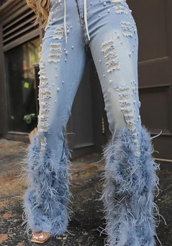 YOOTIKO Women Stretch Pearl Ripped Jeans High Waisted Butt Lifting Skinny Feather Flare Denim Pants3