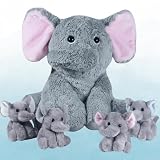 XYHQYB 14 Inch Elephant Stuffed Animals for Kids, 1 Large Stuffed Mommy Elephant with 4 Cute Little Babies in Zippered Pouch, Elephant Plush Toys for Valentines Birthday Gift