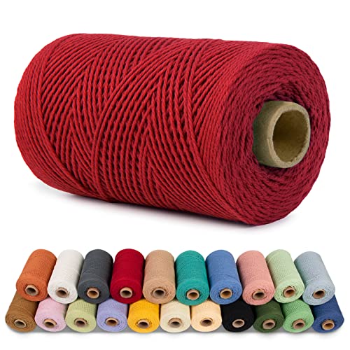LEREATI 1mm Macrame Cord, 218 Yards Colored Cotton Cord 3 Strand Twisted Cotton String for Crafts, Macrame Yarn for DIY Knitting, Wall Hanging, Jewelry Making, Christmas Wrapping (Red)