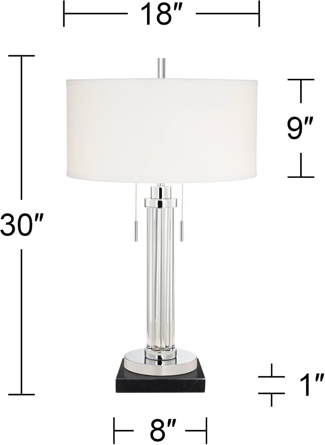 Possini Euro Design Cadence Modern Table Lamp 30" Tall with Square Black Marble Riser Linear Glass Rod White Linen Drum Shade for Bedroom Living Room Nightstand Bedside Night Stand Office Kids Room