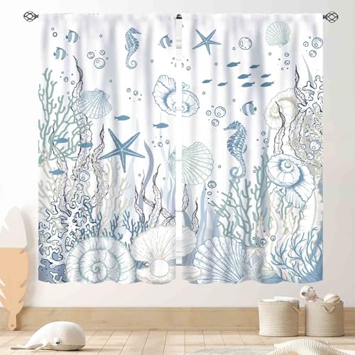 Nautical Beach Curtains, Coastal Seahorse Sea Turtle Starfish Seashell Undersea Animal Blue Blackout Drapes for Bedroom Living Room Kids Room Bathroom...
