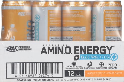 Image of Optimum Nutrition Amino Energy Sparkling Hydration Drink,Electrolytes,Caffeine,Amino Acids,BCAAs,Sugar Free,Mango Pineapple Limeade,12 Fl Oz,(Packaging May Vary),12 Count (Pack of 2)