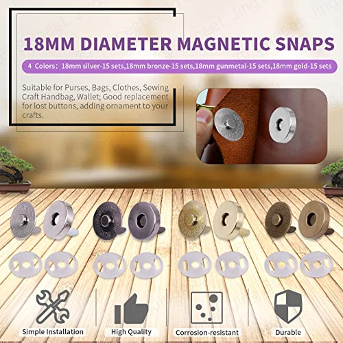 Swpeet 60 Sets Magnetic Button Clasps Snaps, 18Mm Metal Fastener Clasps Gold Silver Bronze Black Diy Craft Sewing Knitting Buttons Sets For Sewing, Purses, Bags, Clothes, Leather #TOP4
