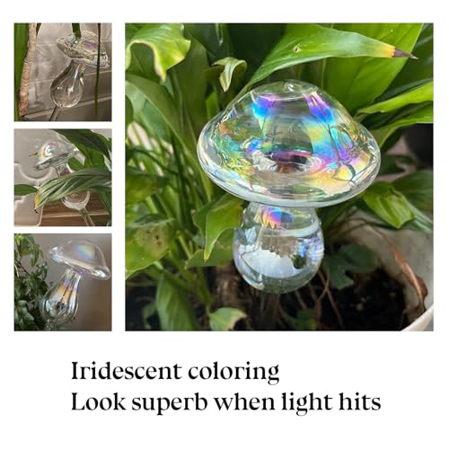 HyJeryty 3 Pack Non-Clogging Iridescent Mushroom Plant Watering Globes Plant Watering Devices, Hand Blown Glass Self Watering Planter Insert Self Watering Spikes Bulbs for Indoor and Outdoor Plants