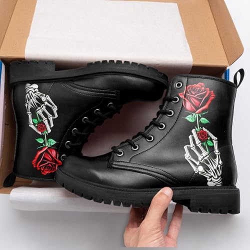 Image of Custom Black Combat Boots for Women Fashion Lace-Up Skull Rose Ankle Booties Chunky Heel Platform Leather Boots