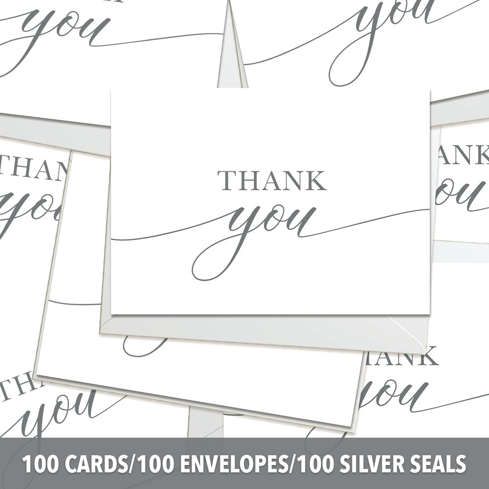 Designer Greetings - Tarjetas de agradecimiento en blanco para cualquier ocasión, con texto en relieve en papel de aluminio blanco y plateado (100 notas de agradecimiento en relieve, sellos y sobres
