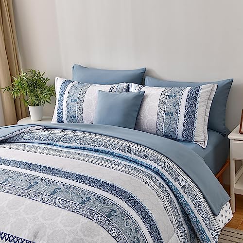 Image of Cottolester Boho Comforter Set King Size Light Blue Comforter Set 8 Piece Bed in a Bag Striped Paisley Bedding Sets