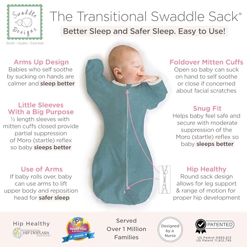 Image of SwaddleDesigns Transitional Swaddle Sack, Arms Up Half-Length Sleeve & Mitten, Most Gradual Transition Swaddle for Newborn