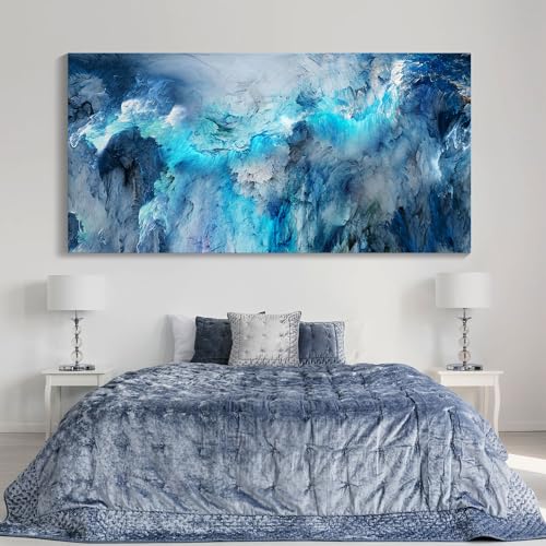 Image of Mofutinpo Blue Abstract Canvas Wall Art | Modern Contemporary Painting for Living Room, Bedroom, and Office | Large Abstract Artwork | Ready-to-Hang Home Decorations | 29x58 Inches