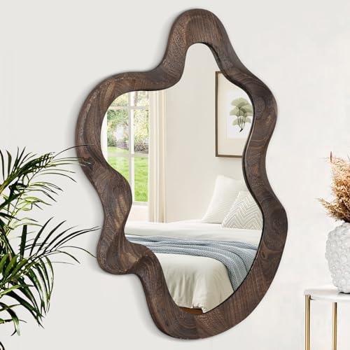 Asymmetrical Wavy Mirror for Wall Decor Large Wooden Framed Wall Mirror