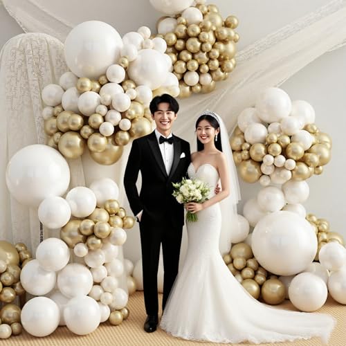 Image of 412pcs Sand White Gold Balloon Arch Kit, 18 12 10 5 Inch Different Size White Metallic Gold Latex Balloon for Boho Neutral Baby Shower Wedding Bridal Shower Birthday Decorations