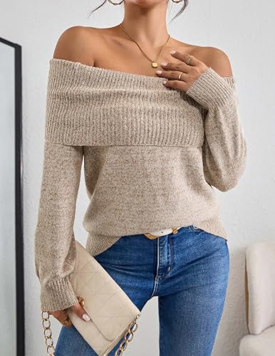 Womens Loose Off The Shoulder Sweater Spring 2025 Trendy Sexy Ladies Dressy Casual Outfits Ribbed Knit Pullover Top4