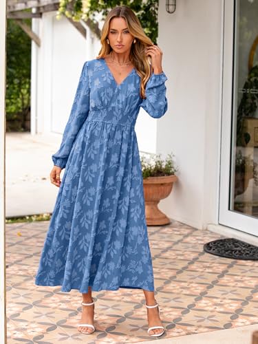 Image of Simplee Womens Boho Floral Long Sleeve Maxi Dress V Neck Empire Waist Fall Wedding Guest Dresses with Pockets