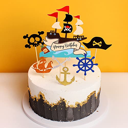 Bymivofun 13 Pcs Paillettes Pirate Cake Toppers, Pirate Cupcake Décoration, Joyeux Anniversaire Gâteau Topper, pour Enfants Garçons Anniversaire Halloween...