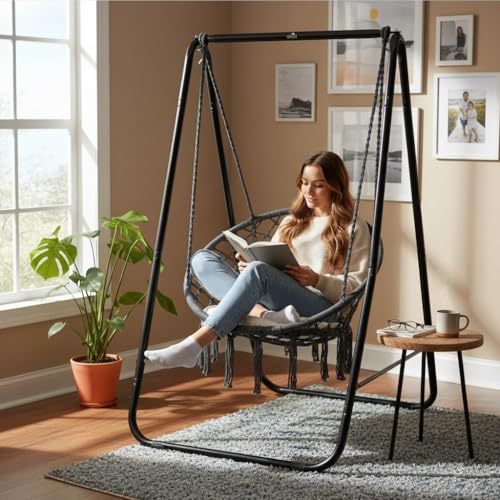 Image of Dolphy Hammock Chair | Stand with Backrest Hanging Swing Chair | Extended Macrame Hanging Cotton Rope Chair with a White Pillow for Adults, Kids | Indoor and Outdoor(Black)