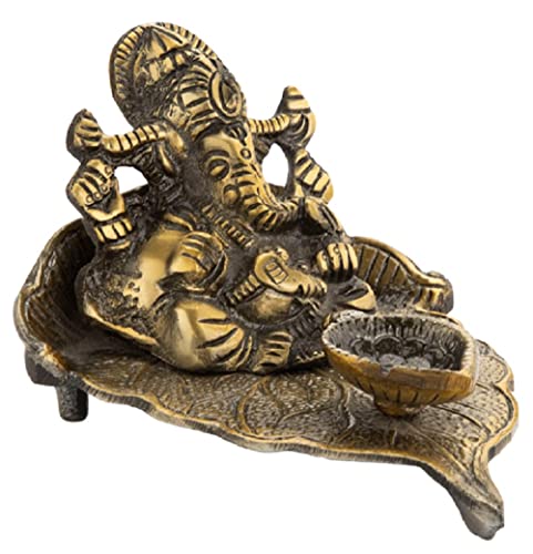 Image of ARTSMART Hand Craved Metal Lord Ganesha on Leaf Ganesha Idol with Diya Ganesh Statue Decorative Gift Religious Idols for Home Decor (Brass Antique)