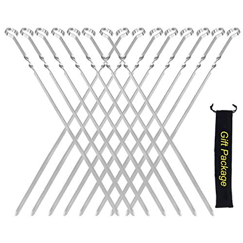 Panshi BBQ Stainless Steel Kabob Skewers,15" Reusable Flat Metal Sticks for Barbecue,Cooking,Baking, Grilling Set with Storage Pouch(20PCS)