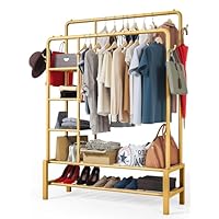 Klass Home Collection Heavy Duty Clothes Rail, 120KG Gold Metal Rack With Double Hanging Clothing Rail, Shoe Rack, Storage Shelves & 4 Coat Hooks, Wardrobe Clothes Rails For Bedroom Office