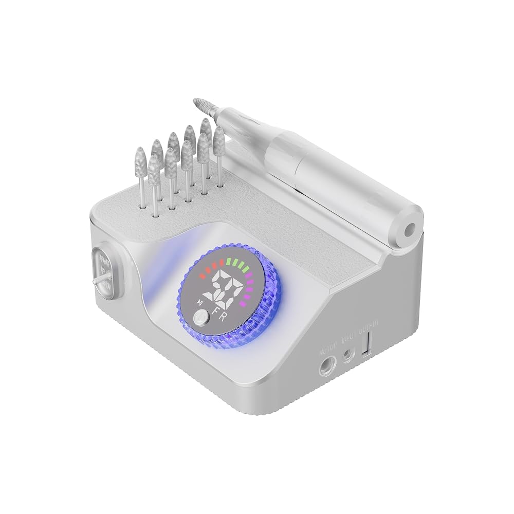 Torno Uñas Torno para Uñas Profesional 50000 RPM 50 Niveles de Velocidad Pantalla Digital con Luz RGB Ambiente Base con Almacenamiento Mango Metálico Uso en Salón y Casa（Blanco）