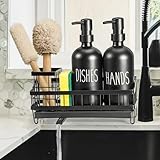 Kitchen Soap Dispenser Set with 16oz Pump Glass Soap Dispenser and Sponge Holder, Black Kitchen Sink Soap Dispenser Set, Modern Hand and Dish Lotion Soap Caddy Organizer