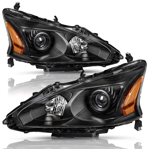 TUSDAR Upgraded Lens Headlights Assembly Fit for 2013-2015 Nissan Altima Halogen Headlamps Replacement Black Housing with Amber Reflector