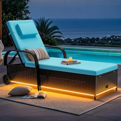 YITAHOME Outdoor Chaise Lounge Chair with LED Lights, Patio Wicker Lounge Chairs with 5-Level Backrest, Storage and Wheels for Pools, Deck, Balcony, Garden, Black & Blue