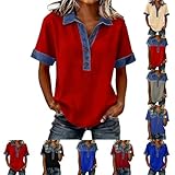 Polo Shirts for Women Cotton Collar Denim Western Tops Light Weight Cotton Oversized Short Sleeve Color Block Athletic Tops Cute Ruffle Collar Blouse Blusas Vaqueras para Mujer Red