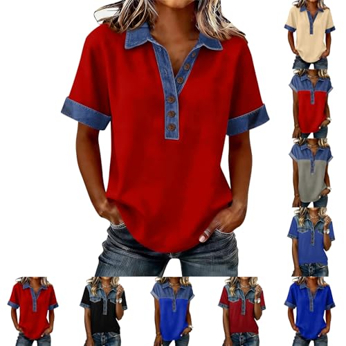 Polo Shirts for Women Cotton Collar Denim Western Tops Light Weight Cotton Oversized Short Sleeve Color Block Athletic Tops Cute Ruffle Collar Blouse Blusas Vaqueras para Mujer Red