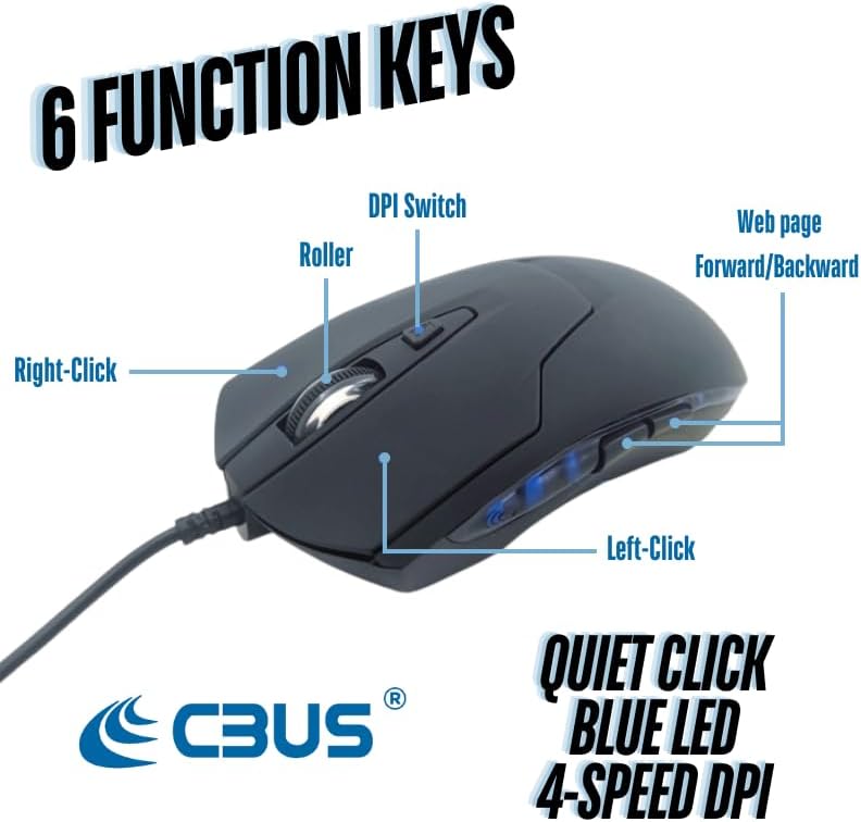 CBUS Wired USB C Mouse, 6-Button Quiet Click Computer Mouse - 4 DPI Speeds, Ergonomic, LED Backlight - Compatible with Mac, Chromebook, HP, DELL XPS, ASUS, Surface, Silent Gaming Mouse Type-C Wired - 3