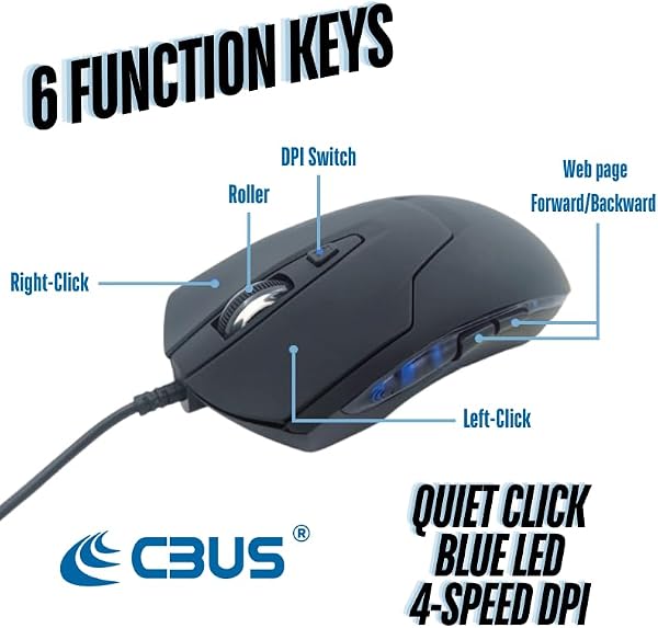 CBUS Wired USB C Mouse, 6-Button Quiet Click Computer Mouse - 4 DPI Speeds, Ergonomic, LED Backlight - Compatible with Mac, Chromebook, HP, DELL XPS, ASUS, Surface, Silent Gaming Mouse Type-C Wired - 2