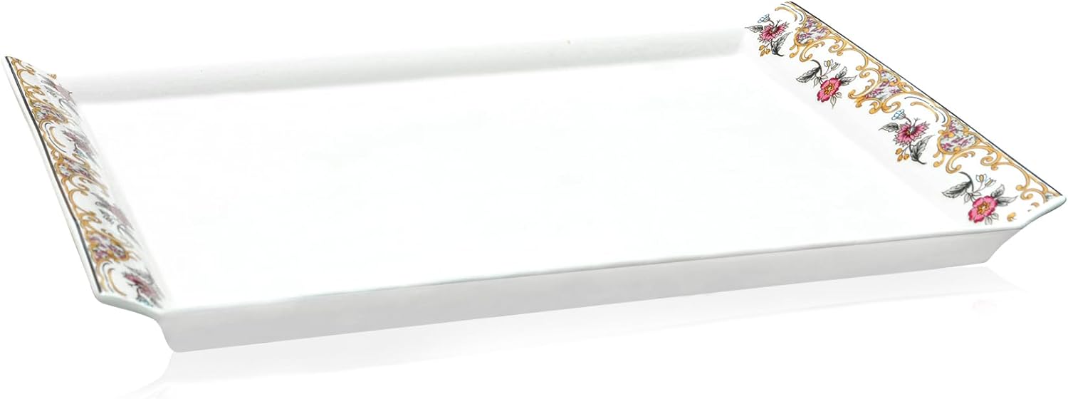 ACMLIFE Bone China Serving Platter, 14 Inch White Rectangular Tray, Elegant Floral Pattern, Ideal for Tea Set, Appetizers, Fruit, Veggies, Desserts