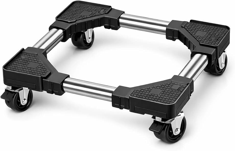 Suporte Móvel Ajustável Premium para Geladeira, Máquina de Lavar e Fogão – Base Reforçada em Aço Inox, Suporta 200kg, Rodinhas Reforçadas – Antiferrugem e Antivibração