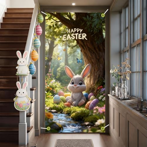 Image of Easter Door Cover Happy Easter Bunny Door Banner for Front Door Outdoor Spring Easter Door Covers Decorations 35x71 Inch